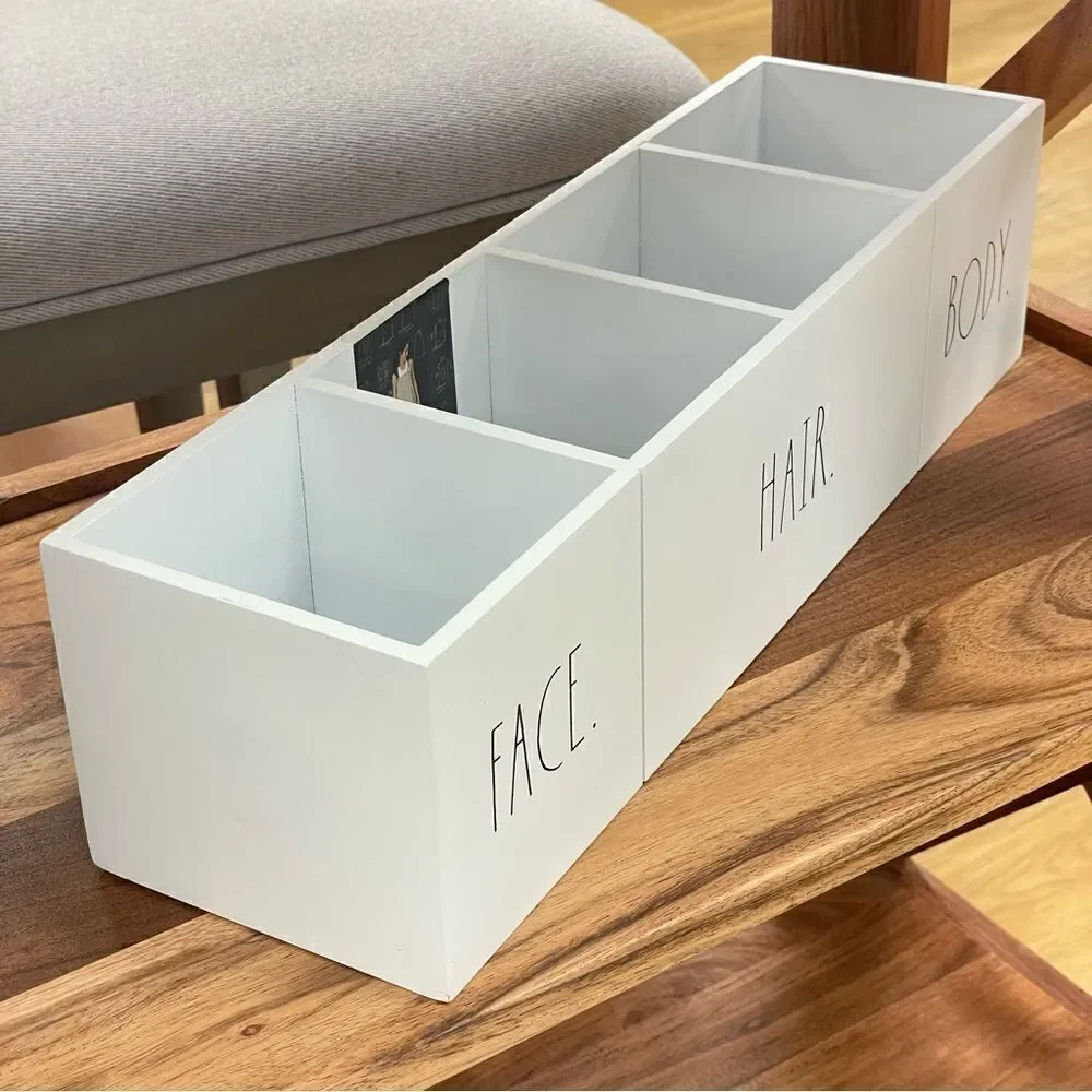 NWT Rae dunn Gorgeous White Wood Black face hair body 4 Compartments organizer